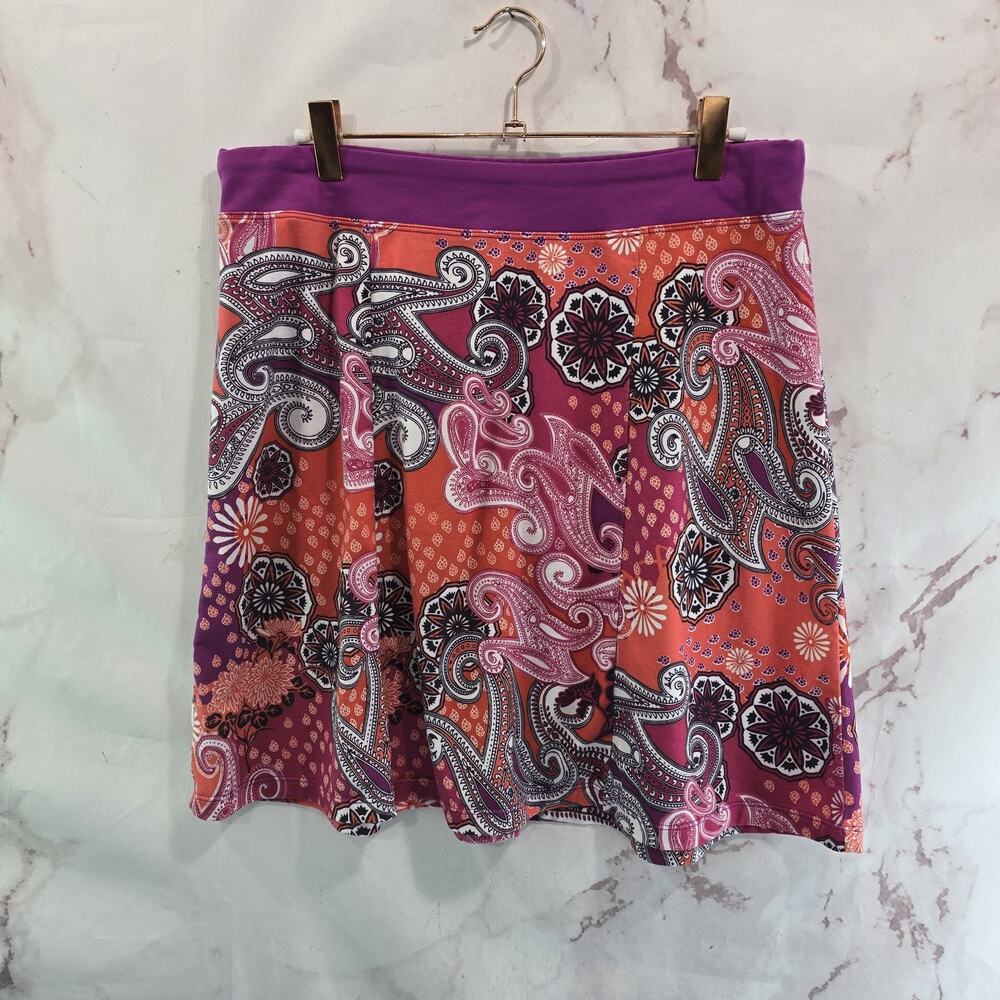 Prana Skirt Womens Medium Pink Orange Stretch Mini Short Paisley Aubrey Organic